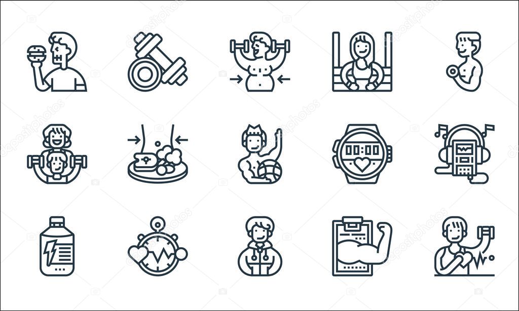 fitness line icons. linear set. quality vector line set such as heart rate, sportswear, energy drink, medical report, heart rate, trainer, sport watch, boxing, dumbbells