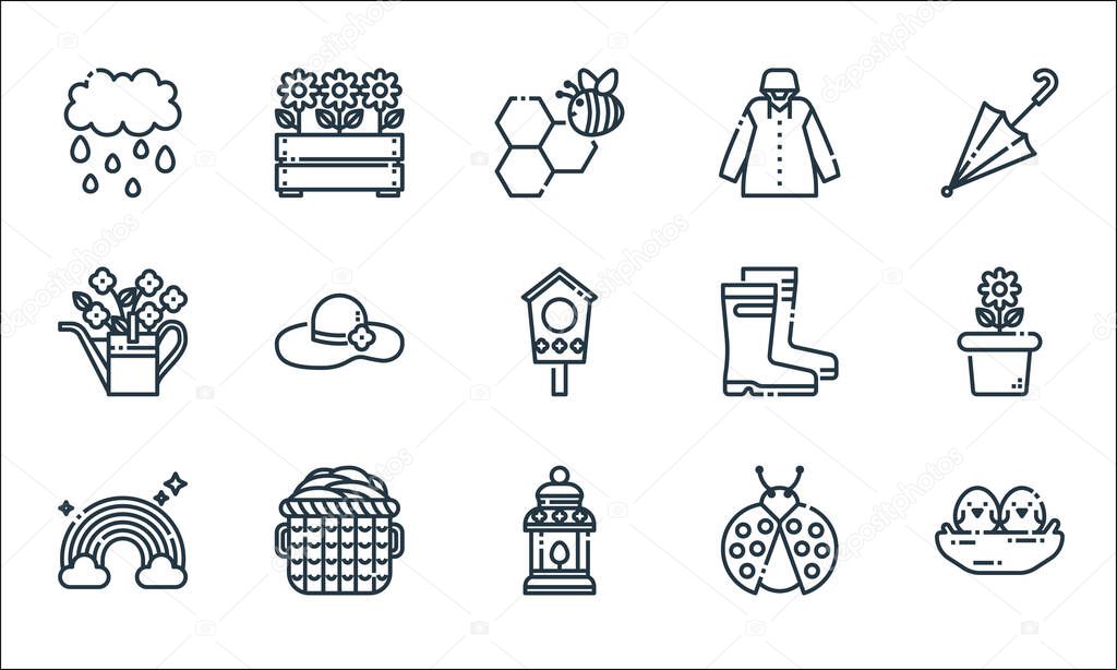 spring season line icons. linear set. quality vector line set such as bird, lamp, rainbow, ladybug, basket, watering can, boots, raincoat, flower