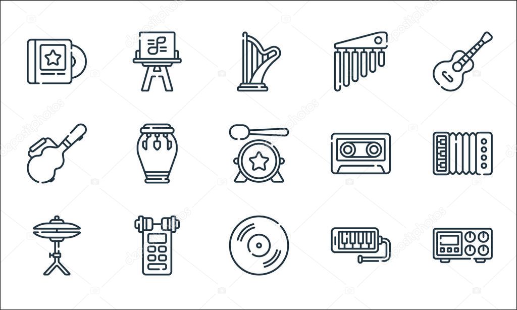 music line icons. linear set. quality vector line set such as amplifier, vynil, cymbals, melodica, voice recorder, guitar case, cassette, chimes, sheet music