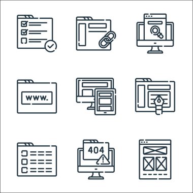 Web geliştirme çizgisi simgeleri. Doğrusal küme. wirefram, hata, menü, de, tepkili de, websitesi, arama, link gibi kalite vektör satırı kümesi