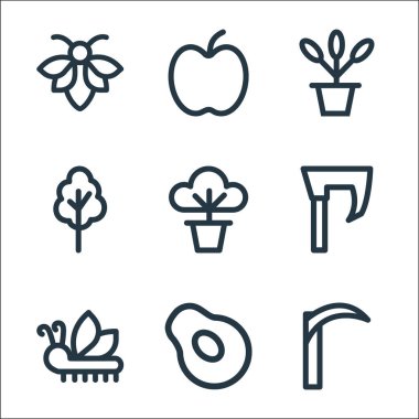 peyzaj ekipman hattı simgeleri. Doğrusal küme. Kaliteli vektör çizgisi: balta, armut, tırtıl, balta, saksı, ağaç, saksı, elma