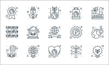 Dünya çizgisi simgeleri. Doğrusal küme. Eko ampul gibi kalite vektör çizgisi, dünyayı kurtarmak, enerji, rüzgar enerjisi, yaratıcı, çelenk, güneş enerjisi, geri dönüşümlü çanta, çevre dostu