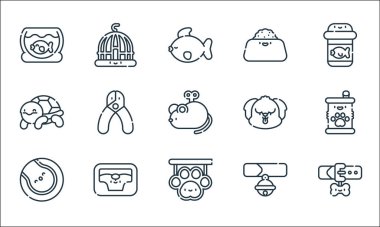 Evcil hayvan kuyruğu simgeleri. Doğrusal küme. Tasma, evcil hayvan dükkanı, tenis topu, tasma, ev hayvanı yatağı, kaplumbağa, köpek, evcil hayvan kasesi, kafes gibi kalite vektör çizgisi
