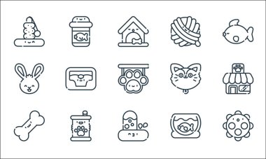 Evcil hayvan kuyruğu simgeleri. Doğrusal küme. Top, su, kemik, balık kasesi, konserve yiyecek, tavşan, kedi, kedi oyuncağı, balık yemi gibi kalite vektör dizileri