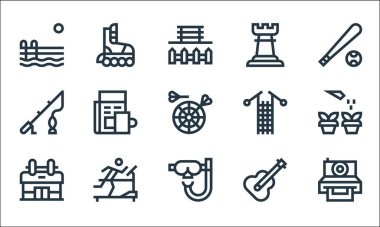 hobiler çizgisi simgeleri. Doğrusal küme. Fotoğraf, tüplü dalış, spor salonu, gitar, koşu bandı, balıkçılık, örgü, satranç, paten gibi kalite vektör dizileri