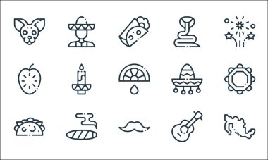 Meksika hattı ikonları. Doğrusal küme. Meksika, bıyık, taco, gitar, puro, guanabana, Meksika, yılan, mariachi gibi kalite vektör dizileri