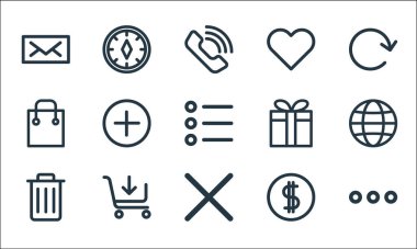 ecommerce başlatıcı paket hattı simgeleri. Doğrusal küme. Araç çubuğu, yanlış, çöp, bozuk para gibi kalite vektör satırı kümesi, alışveriş, hediye, favori, pusula