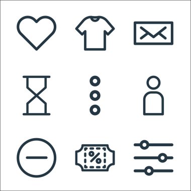 ecommerce başlatıcı paket hattı simgeleri. Doğrusal küme. Kaydırma, indirim, küçültme, hesap, menü, zaman, posta, gömlek gibi kalite vektör dizileri