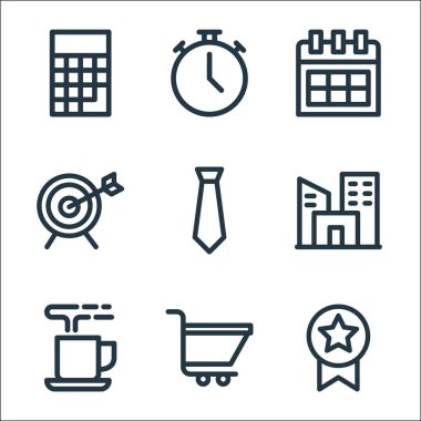 İş dünyası simgeleri. Doğrusal küme. Başarı, el arabası, kahve, şehir, kravat, ok, takvim, kronometre gibi kalite vektör çizgisi