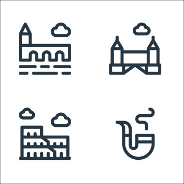 Avrupa çizgisi simgeleri. Doğrusal küme. boru, kolezyum, kule köprüsü gibi kalite vektör çizgisi