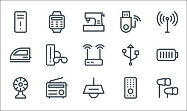Elektronik hat simgeleri. Doğrusal küme. Kulaklıklar, tavan lambası, soğutucu, uzaktan kumanda, radyo, elektrikli demir, veri kablosu, usb sürücüsü, smartwatch gibi kalite vektör çizgisi kümesi