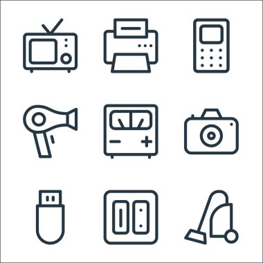 Elektronik hat simgeleri. Doğrusal küme. Elektrik süpürgesi, elektrik prizi, kalem sürücüsü, dijital kamera, voltaj göstergesi, saç kurutma makinesi, telefon, faks makinesi gibi kalite vektör dizileri