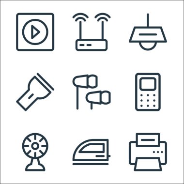 Elektronik hat simgeleri. Doğrusal küme. Faks makinesi, elektrikli ütü, soğutucu, telefon, kulaklık, el feneri, tavan lambası, kablosuz yönlendirici gibi kalite vektör dizileri