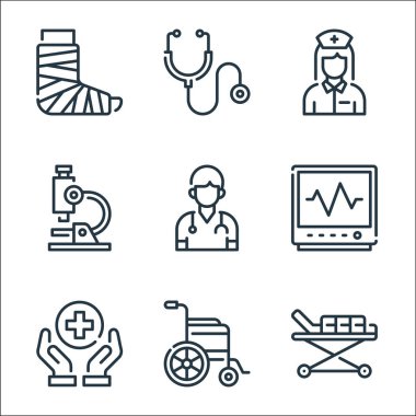 Tıbbi hat simgeleri. Doğrusal küme. Sedye, tekerlekli sandalye, sağlık, kardiyogram, doktor, mikroskop, hemşire, stetoskop gibi kalite vektör dizileri