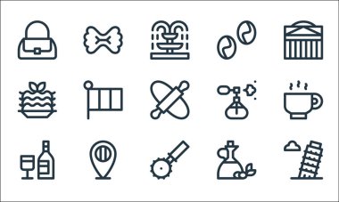 İtalya çizgi simgeleri. Doğrusal küme. Pizza kesicisi, şarap, zeytinyağı, İtalyan lazanyası, parfüm spreyi, kahve çekirdeği, makarna gibi kalite vektör dizileri.