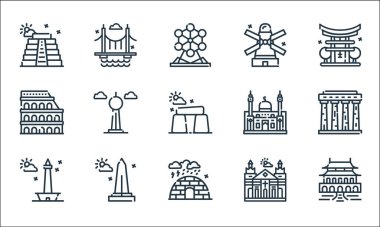 Dünya Anıt Çizgisi ikonları. Doğrusal küme. Yasak şehir, igloo, monas, katedral, Washington anıtı, kolezyum, cami, kinderdijk, köprü gibi kalite vektör çizgileri