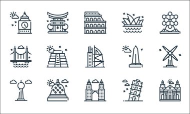 Dünya Anıt Çizgisi ikonları. Doğrusal küme. Katedral, ikiz kule, fernsehturm berlin, pisa kulesi, borobudur, köprü, Washington anıtı, torii kapısı gibi kalite vektör dizileri