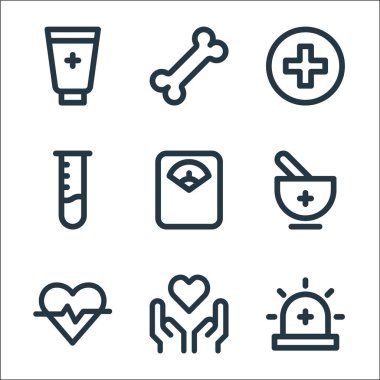 Tıbbi öğeler çizgisi simgeleri. Doğrusal küme. Kalite vektör çizgisi siren, sağlık, kalp hızı, geleneksel ağırlık ölçeği, kimya, sağlık, kemik gibi