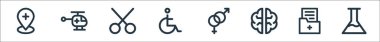 Tıbbi öğeler çizgisi simgeleri. Doğrusal küme. makas, dizin, beyin, cinsiyet, maluliyet, makas, helikopter gibi kalite vektör dizileri