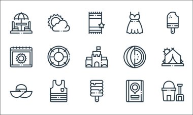 Yaz çizgisi simgeleri. Doğrusal küme. Kum kovası, pamela şapkası, seyahat, kolsuz bluz, takvim, karpuz, elbise, güneş gibi kalite vektör çizgisi