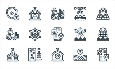 Akıllı çiftlik çizgisi simgeleri. Doğrusal küme. Su kontrolü, akıllı çiftlik, silo, alan, akıllı çiftlik, traktör, dron, robotik kol, depolama gibi kalite vektör dizileri