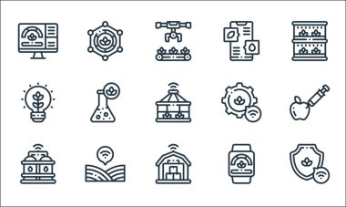 Akıllı çiftlik çizgisi simgeleri. Doğrusal küme. Koruma, depolama, su tankı, akıllı sepet, tarla, akıllı çiftlik, ayarlar, su kontrolü, akıllı çiftlik gibi kalite vektör çizgisi