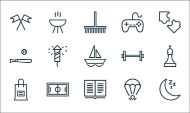 aktivite çizgisi simgeleri. Doğrusal küme. Kaliteli vektör dizisi: Uyku, kitap, alışveriş çantası, paraşüt, futbol, beyzbol, ağırlık, oyun konsolu, ızgara...