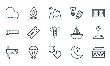 aktivite çizgisi simgeleri. Doğrusal küme. Davul, bulmaca, dalış maskesi, uyku, paraşüt, testere, yelkenli gemi, palet, yangın gibi kalite vektör dizileri