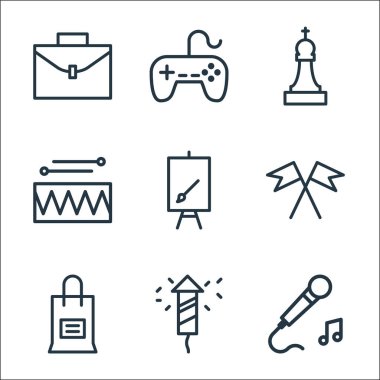 aktivite çizgisi simgeleri. Doğrusal küme. Karaoke, havai fişek, alışveriş çantası, yarış bayrağı, boya kanvası, davul, satranç, oyun konsolu gibi kalite vektör dizileri