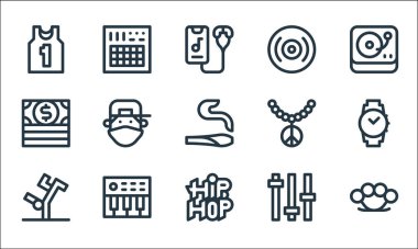 Hip hop çizgisi simgeleri. Doğrusal küme. Pirinç muşta, hip hop, breakdance, control, synthesizer, para, kolye, vinil, denetleyici gibi kalite vektör dizileri