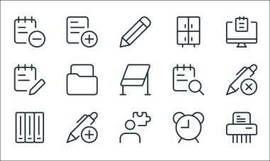 Ofis malzemeleri ikonları. Doğrusal küme. Kağıt kesicisi, yetenek, dolap, saat iğneleri, stilus, ofis malzemeleri, arama, kabine, ekleme gibi kalite vektör dizileri