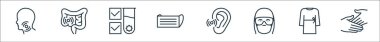 Virüs çizgisi simgelerini durdur. Doğrusal küme. Eller, bornoz, yüz koruması, işitme, maske, test tüpü, mide gibi kalite vektör çizgisi kümesi