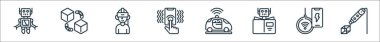 Gelişmekte olan teknoloji çizgisi simgeleri. Doğrusal küme. d kalem, otonom araba, haptik, sanal gerçeklik, engelleme zinciri gibi kalite vektör çizgisi kümesi