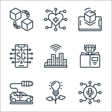 Gelişmekte olan teknoloji çizgisi simgeleri. Doğrusal küme. Kaliteli vektör çizgisi seti, temiz enerji, elektrikli araba, akıllı şehir, g,