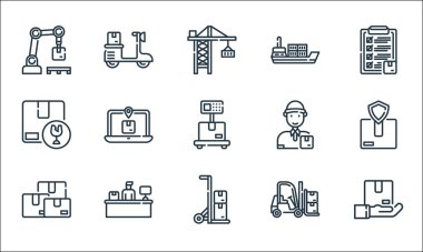 Lojistik ve dağıtım hattı simgeleri. Doğrusal küme. Teslimat, el arabası, paket, forklift, masa, kırılgan, teslimatçı, gemi, scooter gibi kalite vektör dizileri