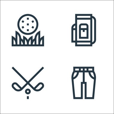 Golf sahası ikonları. Doğrusal küme. Pantolon, golf sopası, golf çantası gibi kalite vektör çizgisi