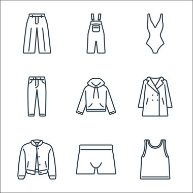 Kıyafetler ve kıyafet çizgisi simgeleri. Doğrusal küme. Singlet, iç çamaşırı, ceket, palto, kaput, kot, mayo gibi kalite vektör dizileri