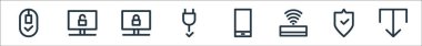 Bilgisayar donanım hattı simgeleri. Doğrusal küme. İndirme, koruma, kablosuz ağ, akıllı telefon, kablo, kilit, kilidi açma gibi kalite vektör dizisi