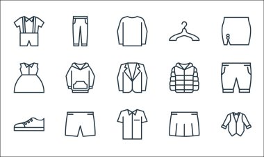 Gardırop çizgisi simgeleri. Doğrusal küme. Smokin, üniforma, ayakkabı, etek, kısa, üniforma, kışlık ceket, askılık, pantolon gibi kalite vektör çizgisi