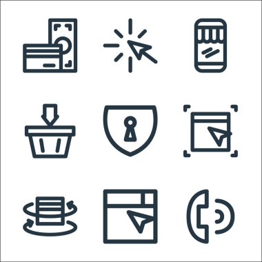 Düz ekom çizgisi simgeleri. Doğrusal küme. Çağrı, arama, dönüş, seçim, kilit, ekleme, çevrimiçi depolama, ok gibi kalite vektör çizgisi