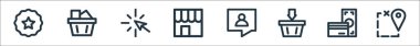 Düz ekom çizgisi simgeleri. Doğrusal küme. Konum, ödeme, septe ekleme, alışveriş mağazası, ok, alışveriş sepeti gibi kalite vektör çizgisi