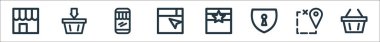 Düz ekom çizgisi simgeleri. Doğrusal küme. Sepet, konum, kilit, en iyi alım, arama, çevrimiçi mağaza gibi kalite vektör çizgisi seti, septe ekle
