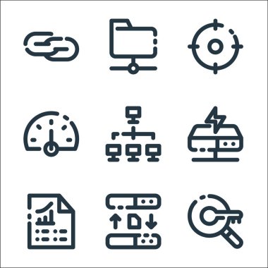 seo pazarlama çizgisi simgeleri. Doğrusal küme. Anahtar kelime, sunucu, rapor, sunucu, sunucu, gösterge paneli, kapsam gibi kalite vektör satırı kümesi,