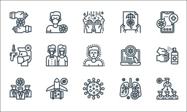 Koronavirüs çizgisi simgeleri. Doğrusal küme. Yayılma, koronavirüs, yayılma, akciğer, uçak, termometre, arama, sigorta, hastalık gibi kalite vektör dizileri