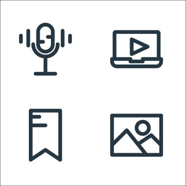 Multimedya çizgi simgeleri. Doğrusal küme. resim, etiket, film oynatıcı gibi kalite vektör çizgisi