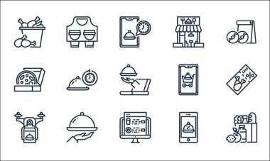 food delivery line icons. linear set. quality vector line set such as grocery, website, drone, promotion, tray, pizza, add cart, shop, take away clipart