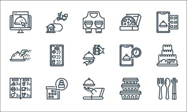 Yemek dağıtım hattı simgeleri. Doğrusal küme. klavye, çevrimiçi, menü, yiyecek kabı, takvim, tepsi, zaman, pizza, konum gibi kalite vektör dizileri