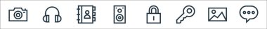 Web esasları çizgi simgeleri. Doğrusal küme. İleti, resim, anahtar, kilit, hoparlör, adres defteri, kulaklık gibi kalite vektör satırı