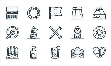 Avrupa çizgisi simgeleri. Doğrusal küme. Midye, sangria, sagrada familia, rialto bridge, orujo, tef, stonehenge, Avrupa gibi kalite vektör dizileri