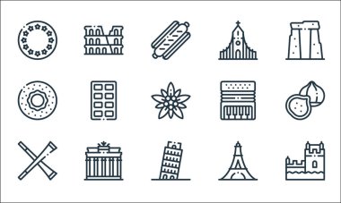 Avrupa çizgisi simgeleri. Doğrusal küme. Belem kulesi, sidik kulesi, trompet, Eyfel kulesi, Brandenburg kapısı, simit, akordiyon, kilise, kolezyum gibi kalite vektör dizileri